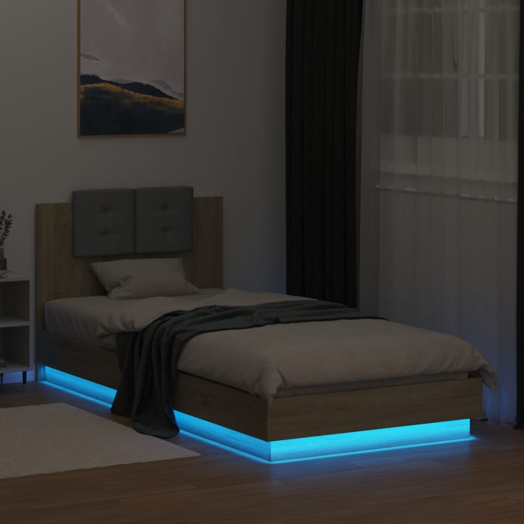 Bedframe met hoofdbord en LED sonoma eikenkleurig 100x200 cm is nu te koop bij PeponiXL, paradijselijk wonen!