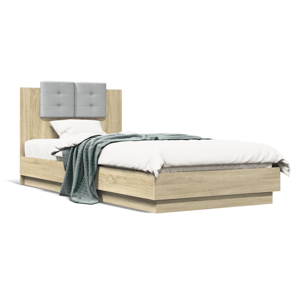 Bedframe met hoofdbord en LED sonoma eikenkleurig 100x200 cm is nu te koop bij PeponiXL, paradijselijk wonen!