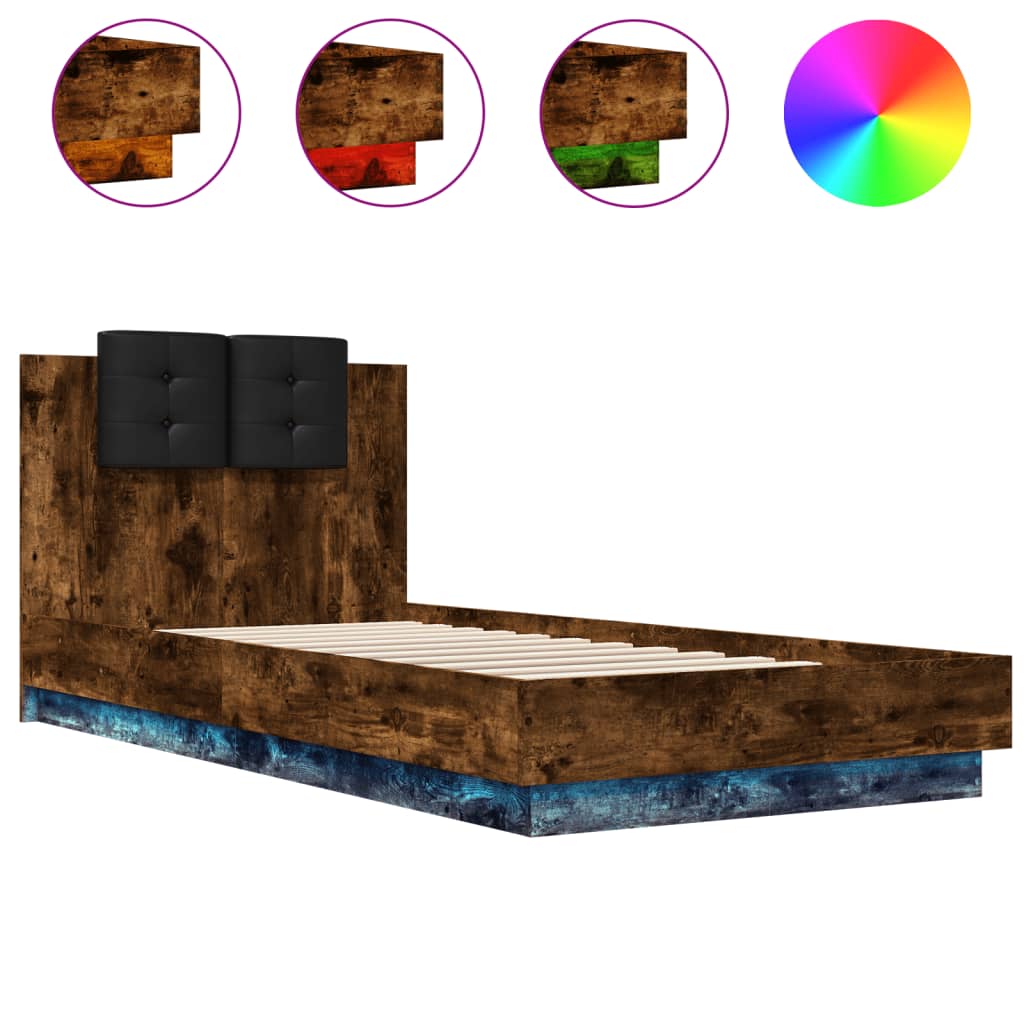 Bedframe met hoofdbord en LED gerookt eikenkleur 100x200 cm is nu te koop bij PeponiXL, paradijselijk wonen!