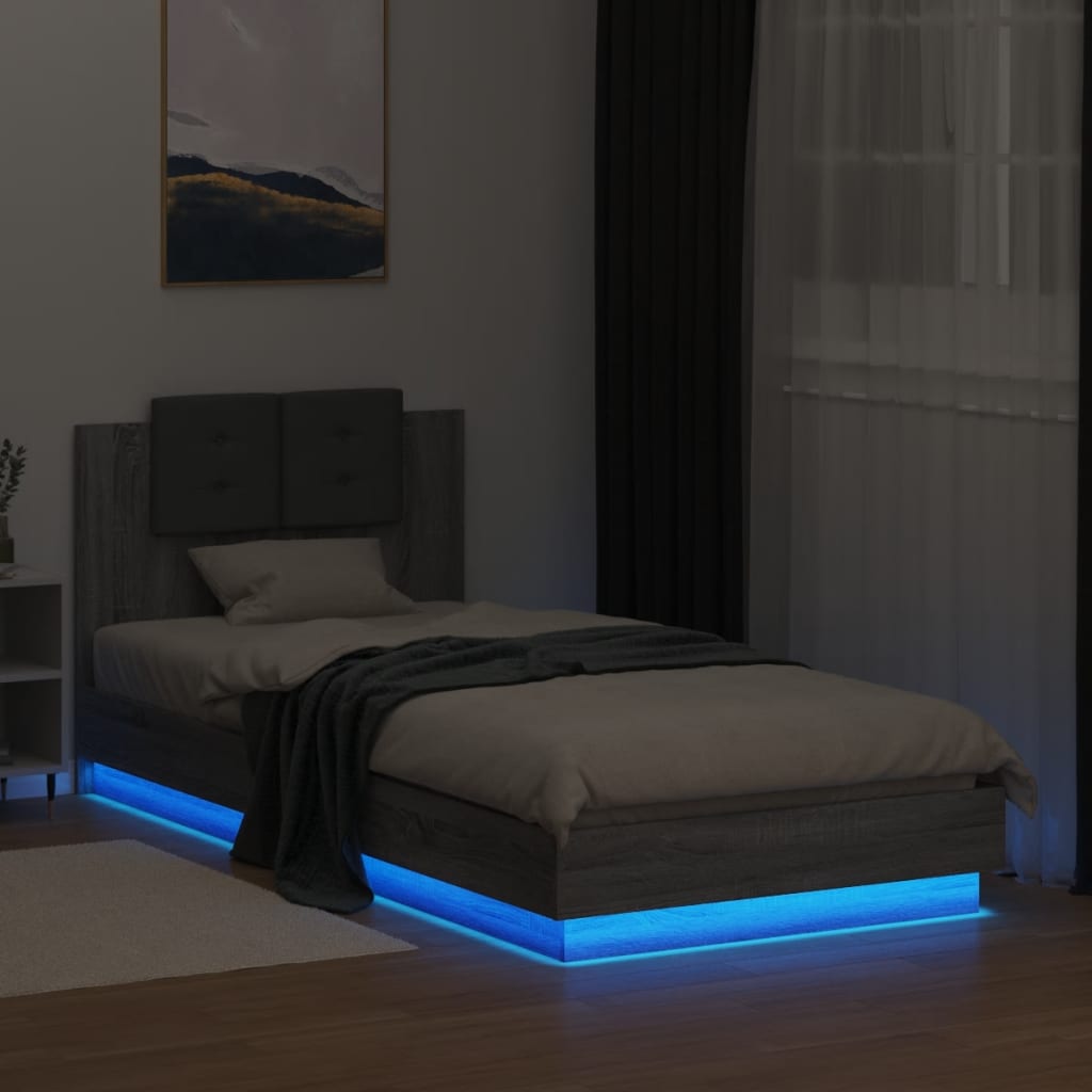 Bedframe met hoofdbord en LED grijs sonoma eiken 100x200 cm is nu te koop bij PeponiXL, paradijselijk wonen!