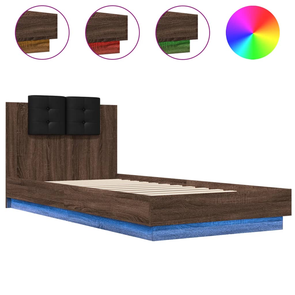 Bedframe met hoofdbord en LED bruin eikenkleurig 100x200 cm is nu te koop bij PeponiXL, paradijselijk wonen!