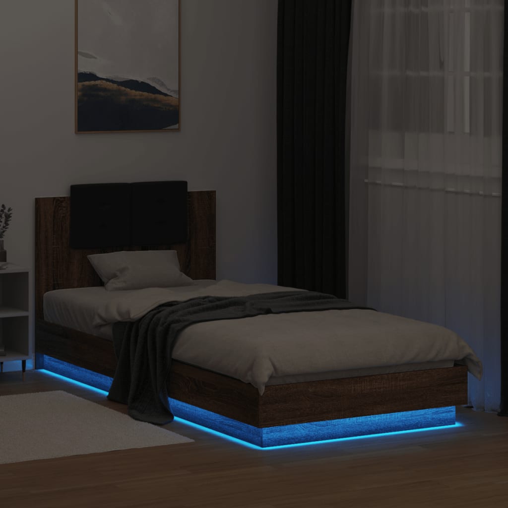 Bedframe met hoofdbord en LED bruin eikenkleurig 100x200 cm is nu te koop bij PeponiXL, paradijselijk wonen!