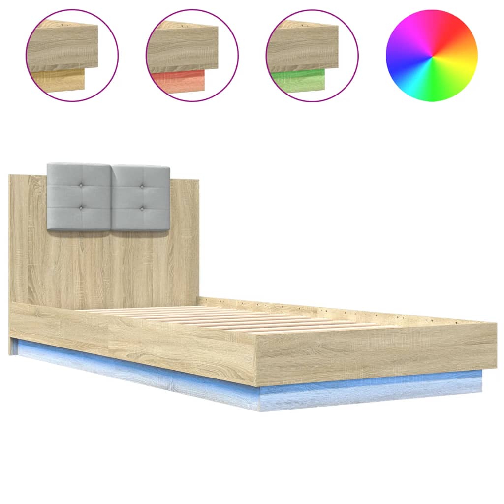 Bedframe met hoofdbord en LED sonoma eikenkleurig 90x200 cm is nu te koop bij PeponiXL, paradijselijk wonen!