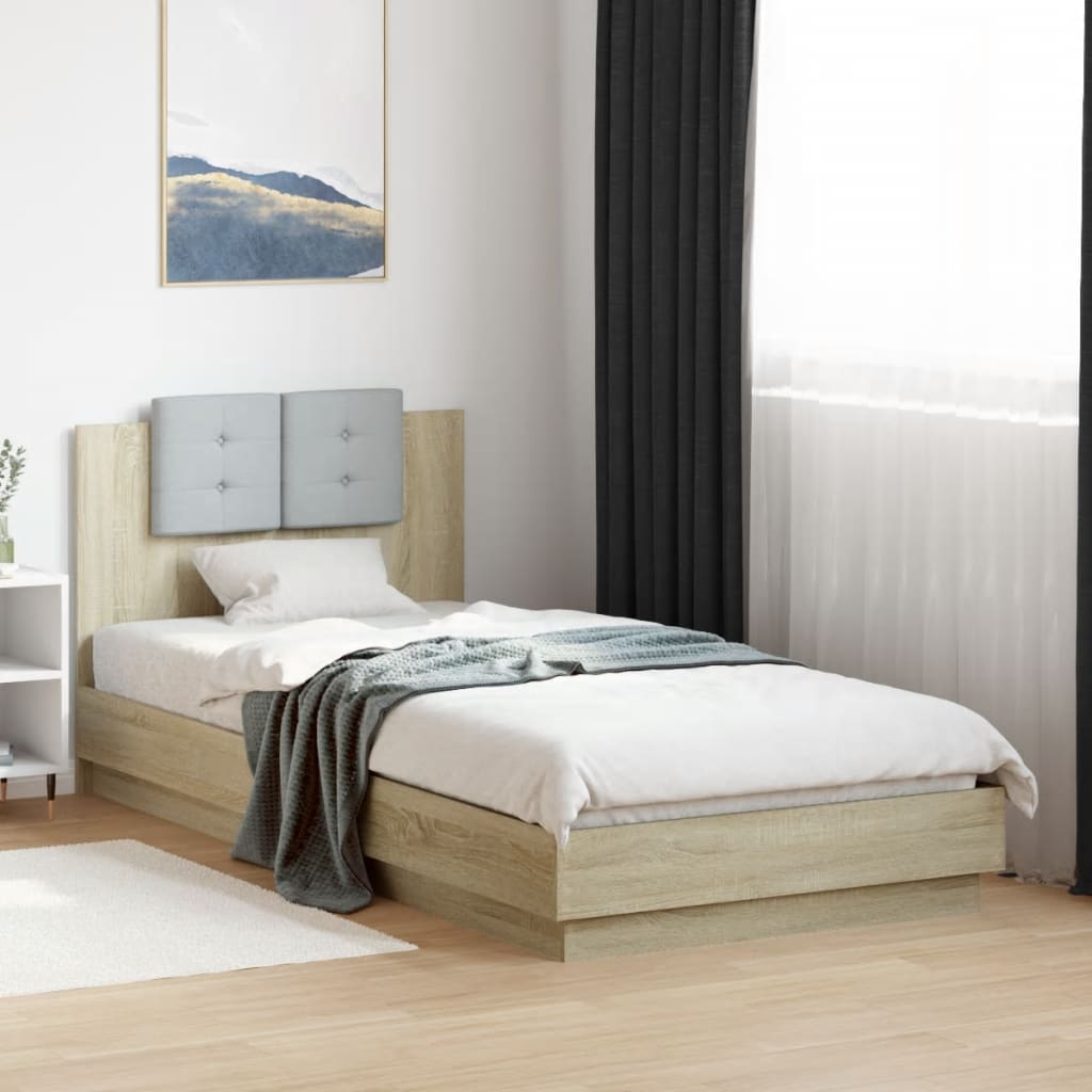 Bedframe met hoofdbord en LED sonoma eikenkleurig 90x200 cm is nu te koop bij PeponiXL, paradijselijk wonen!