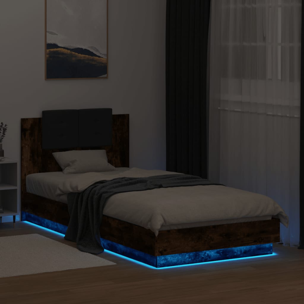 Bedframe met hoofdbord en LED gerookt eikenkleurig 90x200 cm is nu te koop bij PeponiXL, paradijselijk wonen!