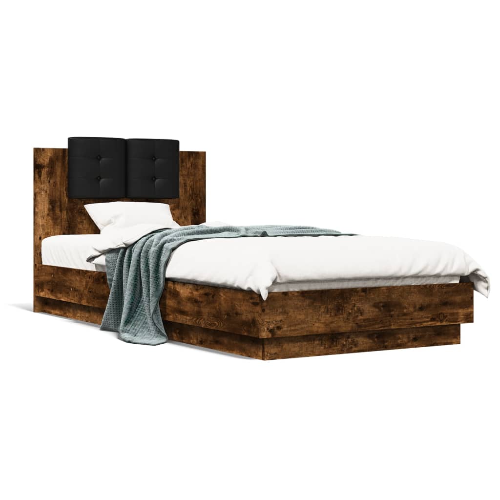 Bedframe met hoofdbord en LED gerookt eikenkleurig 90x200 cm is nu te koop bij PeponiXL, paradijselijk wonen!