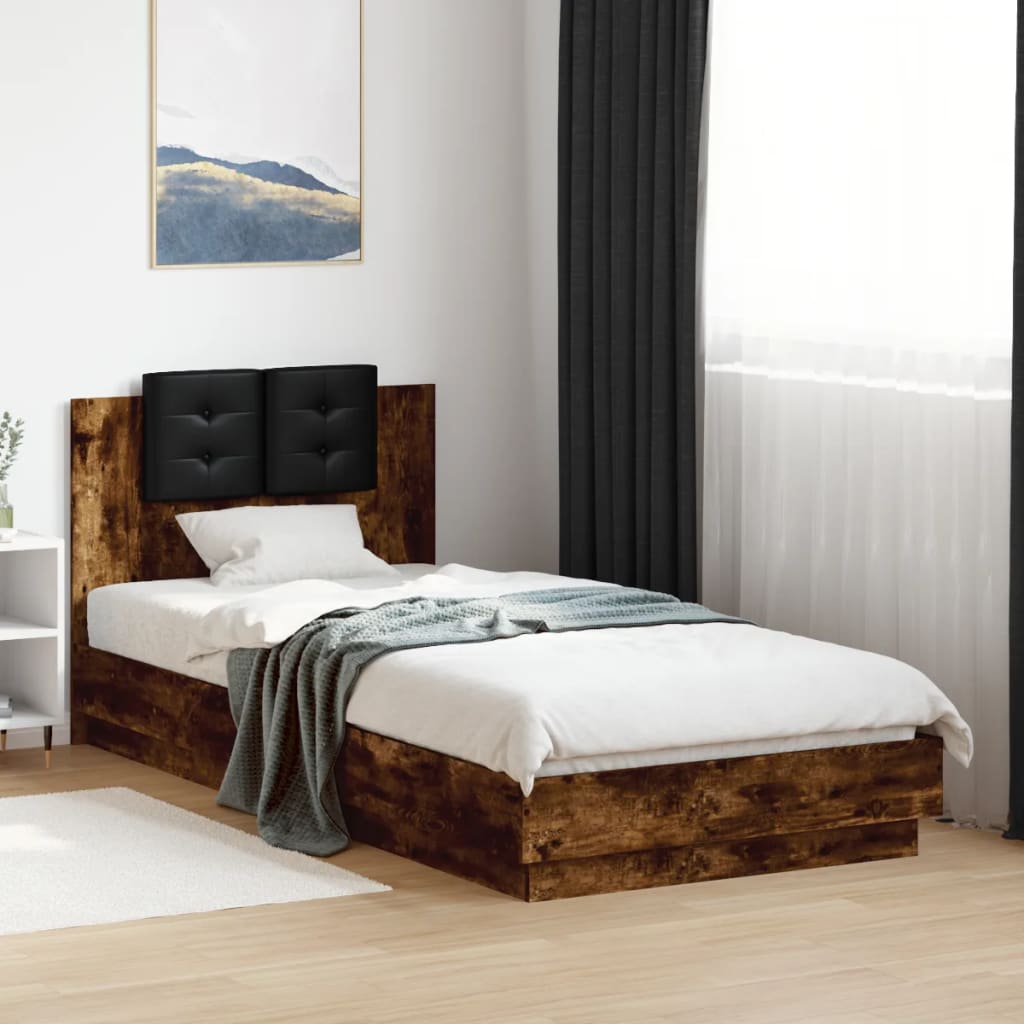 Bedframe met hoofdbord en LED gerookt eikenkleurig 90x200 cm is nu te koop bij PeponiXL, paradijselijk wonen!