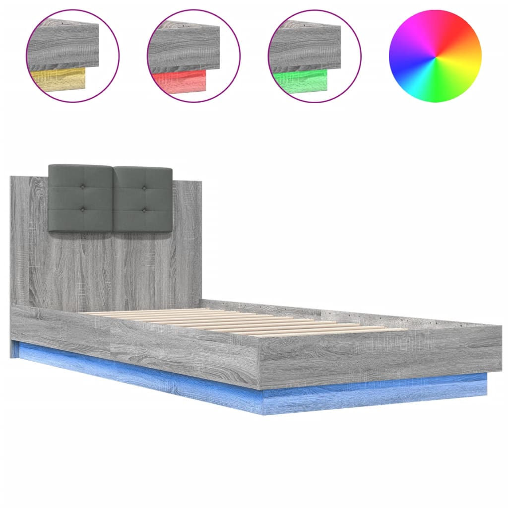 Bedframe met hoofdbord en LED grijs sonoma eikenkleur 90x200 cm is nu te koop bij PeponiXL, paradijselijk wonen!
