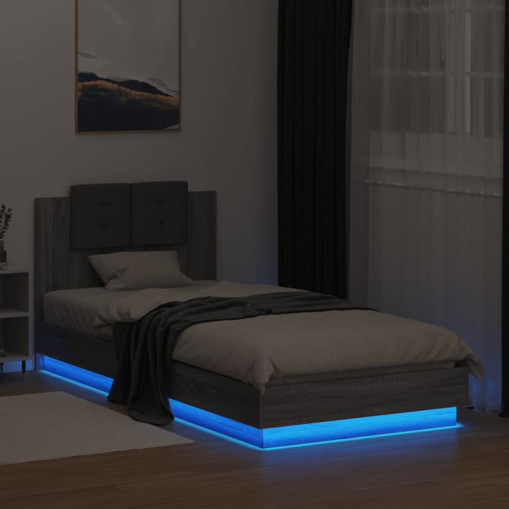 Bedframe met hoofdbord en LED grijs sonoma eikenkleur 90x200 cm is nu te koop bij PeponiXL, paradijselijk wonen!