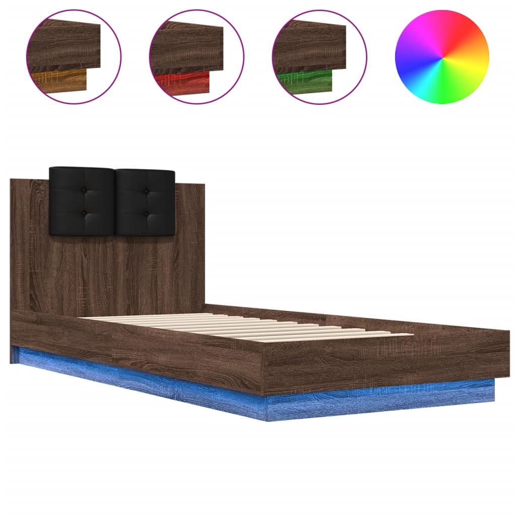 Bedframe met hoofdbord en LED bruin eikenkleur 90x200 cm is nu te koop bij PeponiXL, paradijselijk wonen!