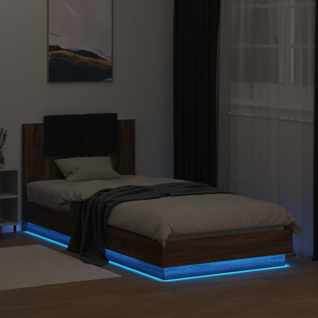Bedframe met hoofdbord en LED bruin eikenkleur 90x200 cm is nu te koop bij PeponiXL, paradijselijk wonen!