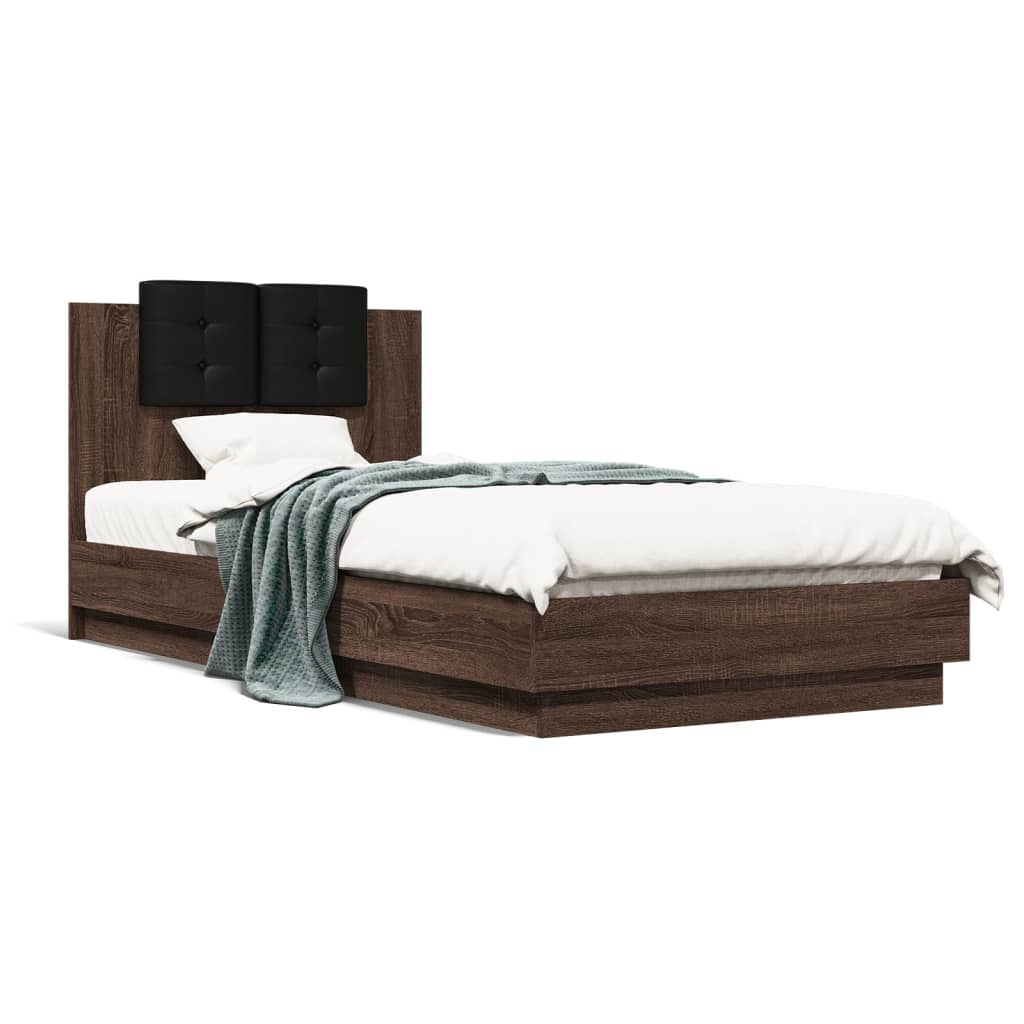 Bedframe met hoofdbord en LED bruin eikenkleur 90x200 cm is nu te koop bij PeponiXL, paradijselijk wonen!