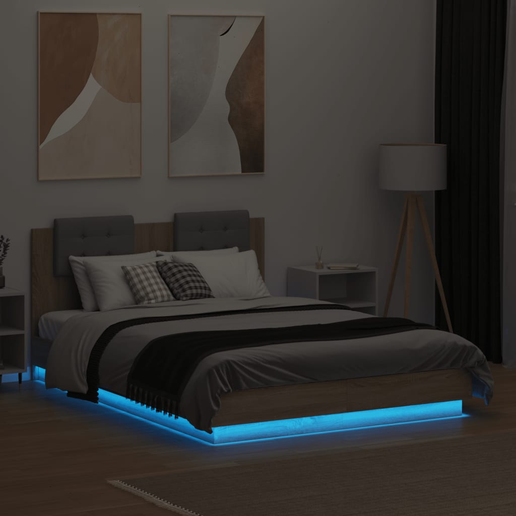 Bedframe met hoofdbord en LED sonoma eikenkleurig 135x190 cm is nu te koop bij PeponiXL, paradijselijk wonen!
