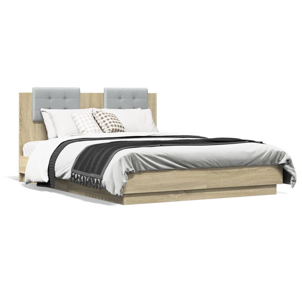 Bedframe met hoofdbord en LED sonoma eikenkleurig 135x190 cm is nu te koop bij PeponiXL, paradijselijk wonen!