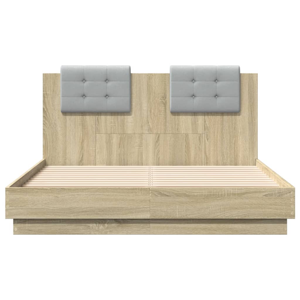 Bedframe met hoofdbord en LED sonoma eikenkleurig 135x190 cm is nu te koop bij PeponiXL, paradijselijk wonen!