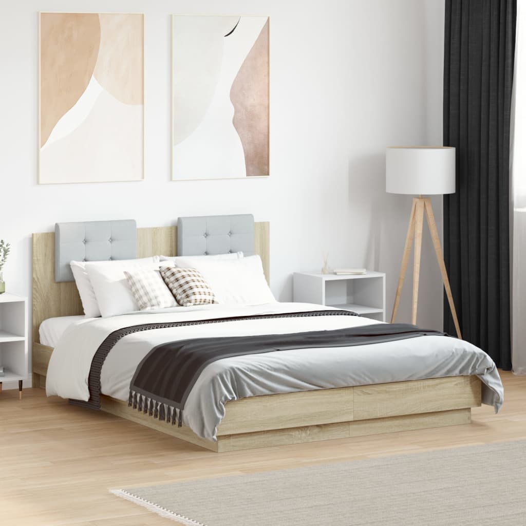 Bedframe met hoofdbord en LED sonoma eikenkleurig 135x190 cm is nu te koop bij PeponiXL, paradijselijk wonen!