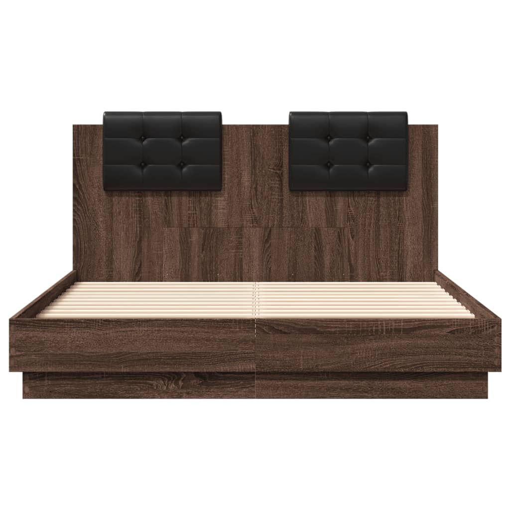 Bedframe met hoofdeinde en LED bruin eikenkleur 135x190 cm is nu te koop bij PeponiXL, paradijselijk wonen!