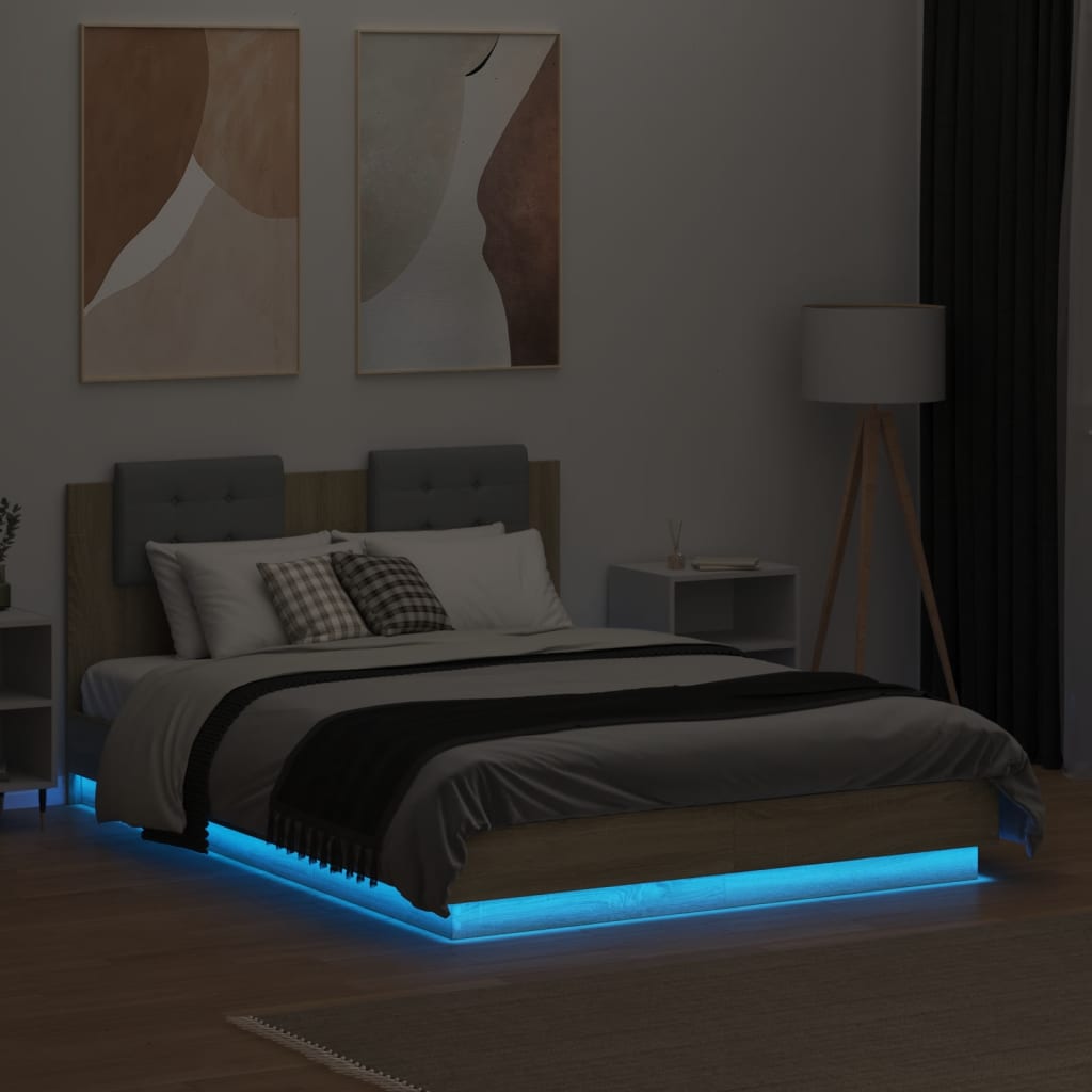 Bedframe met hoofdbord en LED sonoma eikenkleurig 120x190 cm is nu te koop bij PeponiXL, paradijselijk wonen!