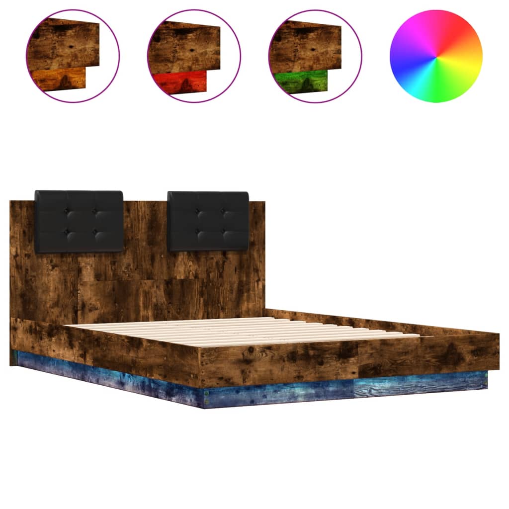 Bedframe met hoofdbord en LED gerookt eikenkleur 120x190 cm is nu te koop bij PeponiXL, paradijselijk wonen!