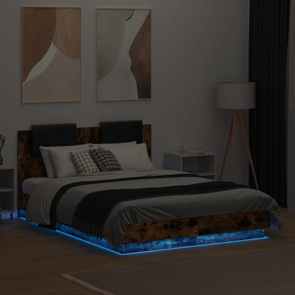 Bedframe met hoofdbord en LED gerookt eikenkleur 120x190 cm is nu te koop bij PeponiXL, paradijselijk wonen!