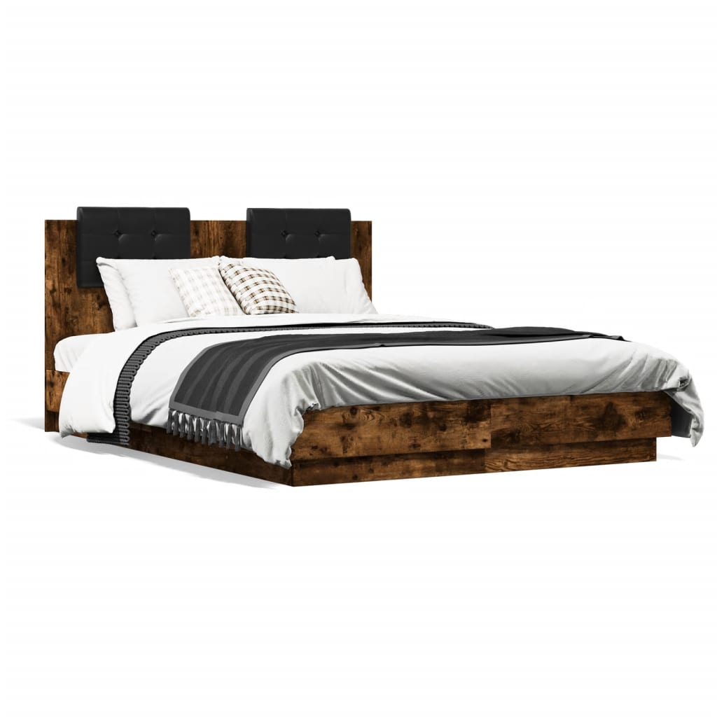 Bedframe met hoofdbord en LED gerookt eikenkleur 120x190 cm is nu te koop bij PeponiXL, paradijselijk wonen!