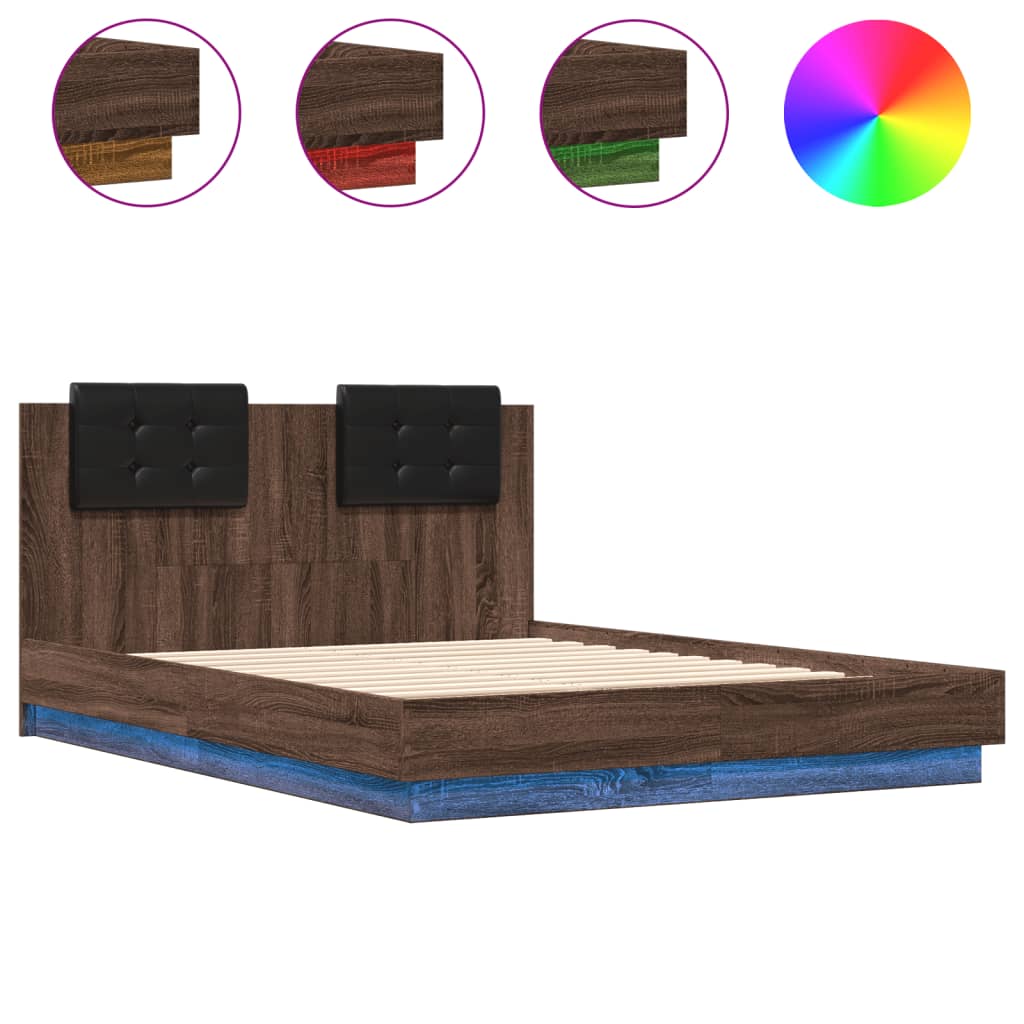 Bedframe met hoofdbord en LED bruin eikenkleur 120x190 cm is nu te koop bij PeponiXL, paradijselijk wonen!