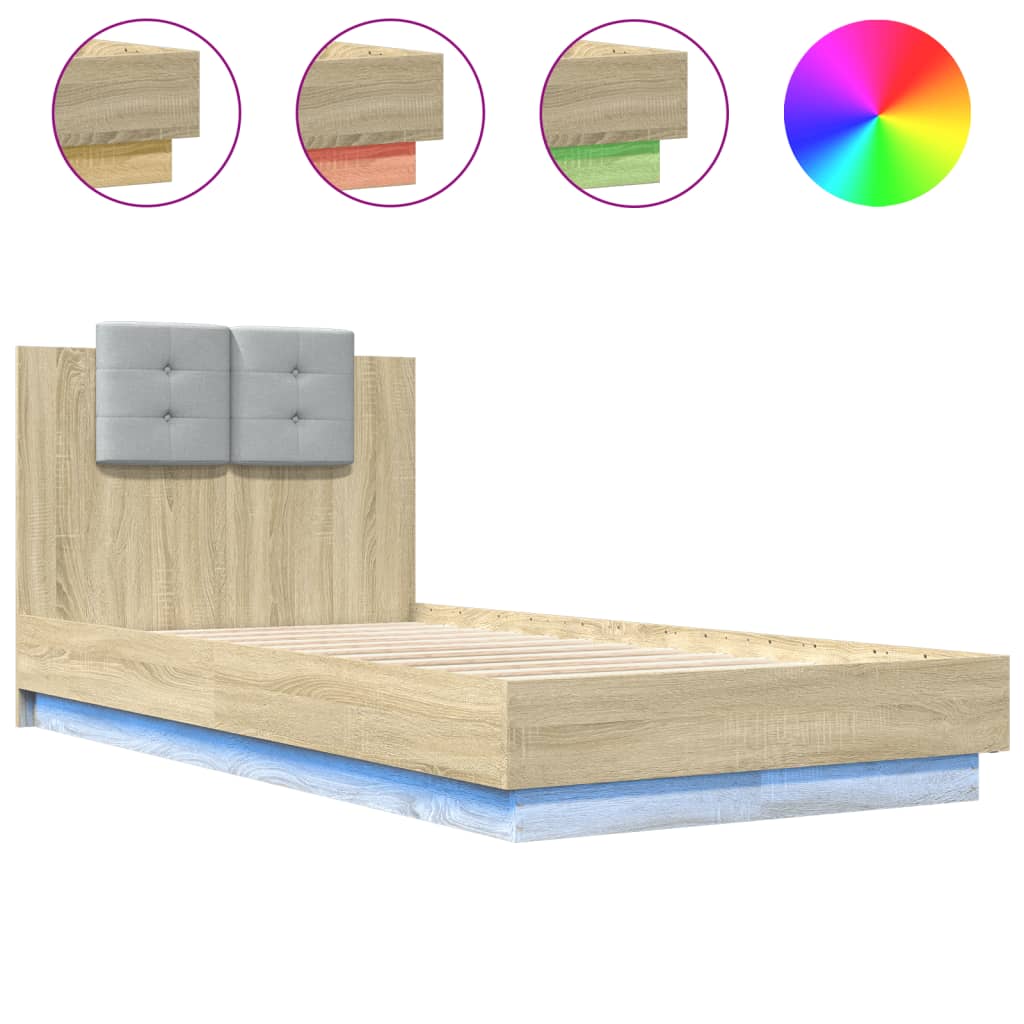 Bedframe met hoofdbord en LED sonoma eikenkleurig 90x190 cm is nu te koop bij PeponiXL, paradijselijk wonen!