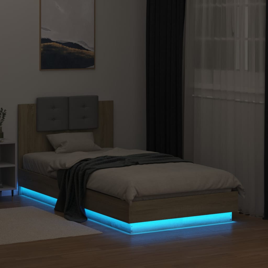 Bedframe met hoofdbord en LED sonoma eikenkleurig 90x190 cm is nu te koop bij PeponiXL, paradijselijk wonen!