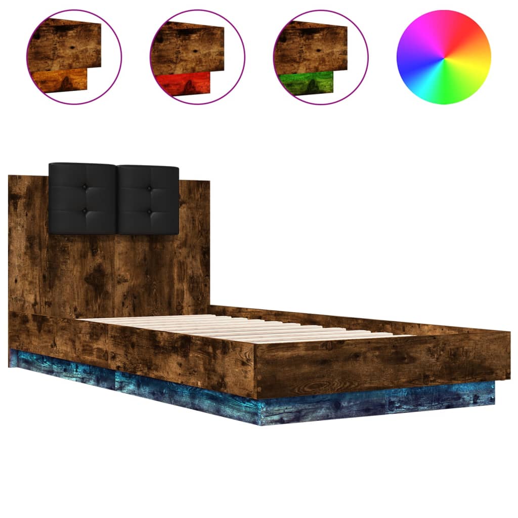 Bedframe met hoofdbord en LED gerookt eikenkleurig 90x190 cm is nu te koop bij PeponiXL, paradijselijk wonen!