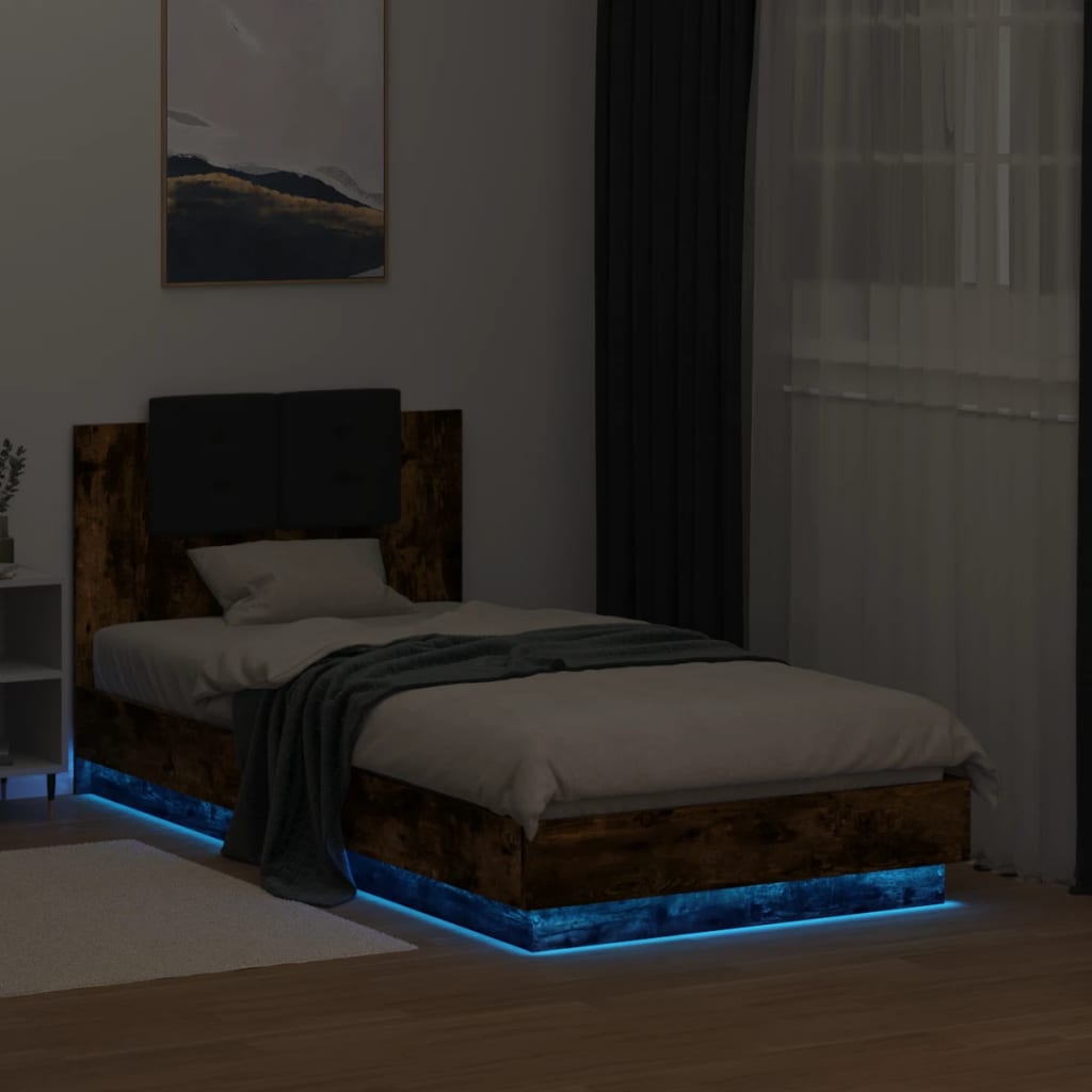 Bedframe met hoofdbord en LED gerookt eikenkleurig 90x190 cm is nu te koop bij PeponiXL, paradijselijk wonen!