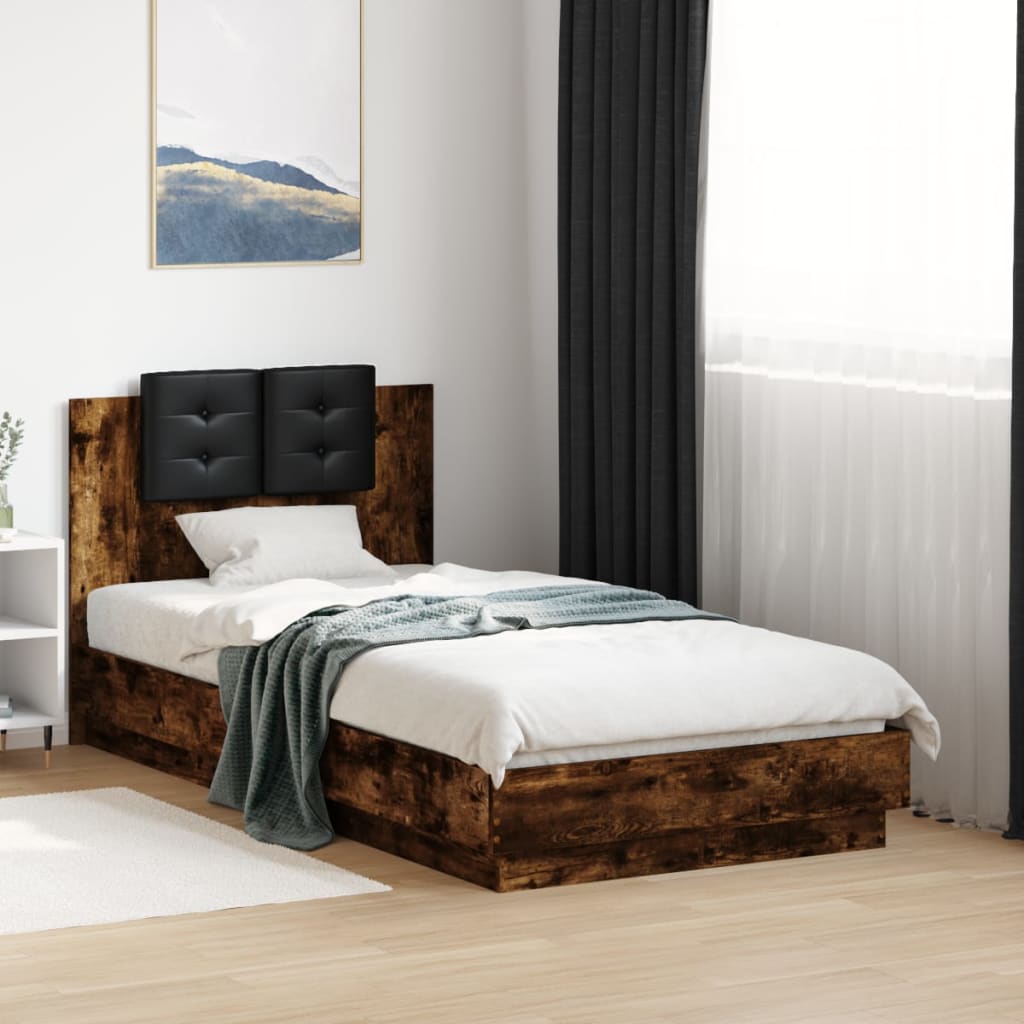 Bedframe met hoofdbord en LED gerookt eikenkleurig 90x190 cm is nu te koop bij PeponiXL, paradijselijk wonen!