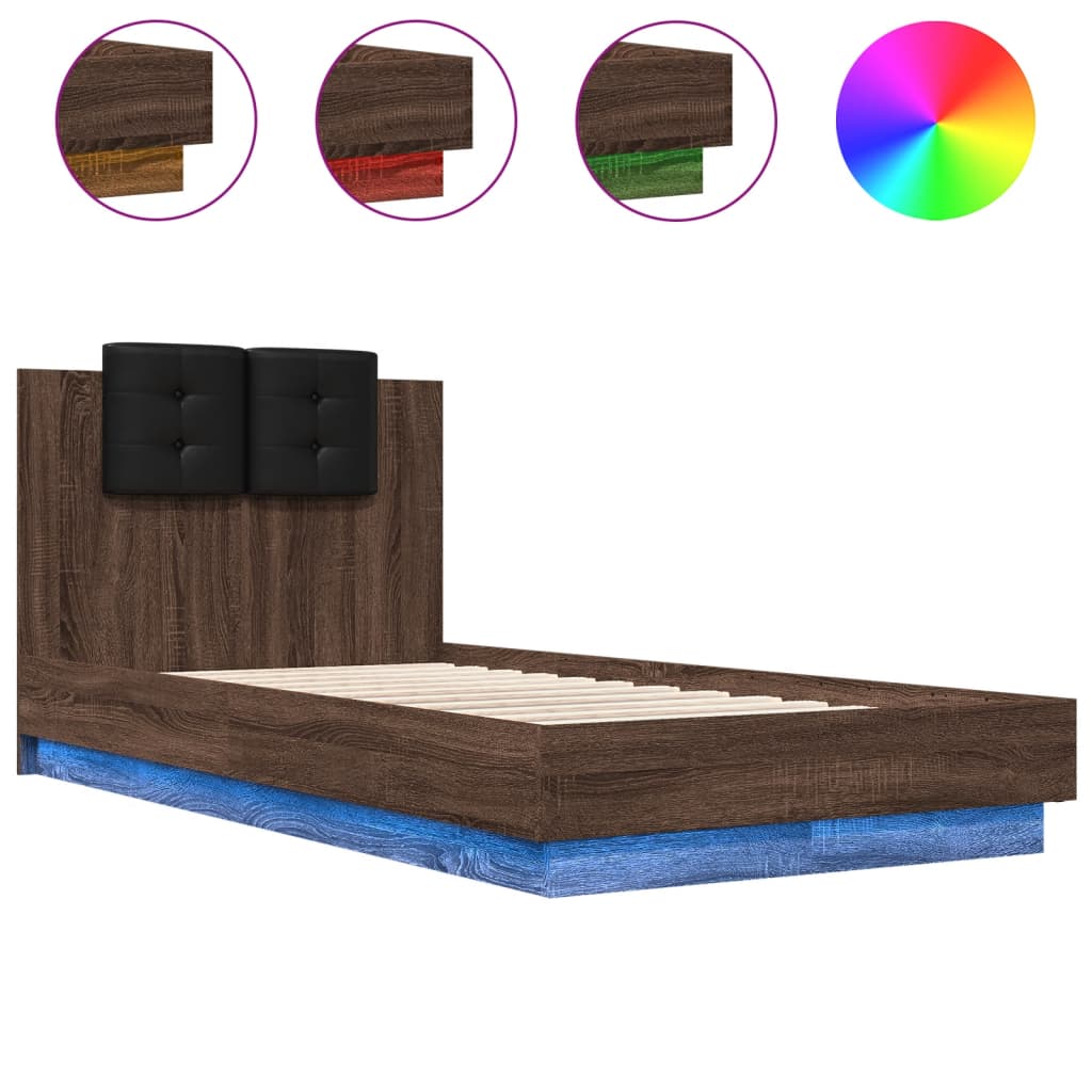 Bedframe met hoofdbord en LED bruin eikenkleur 90x190 cm is nu te koop bij PeponiXL, paradijselijk wonen!