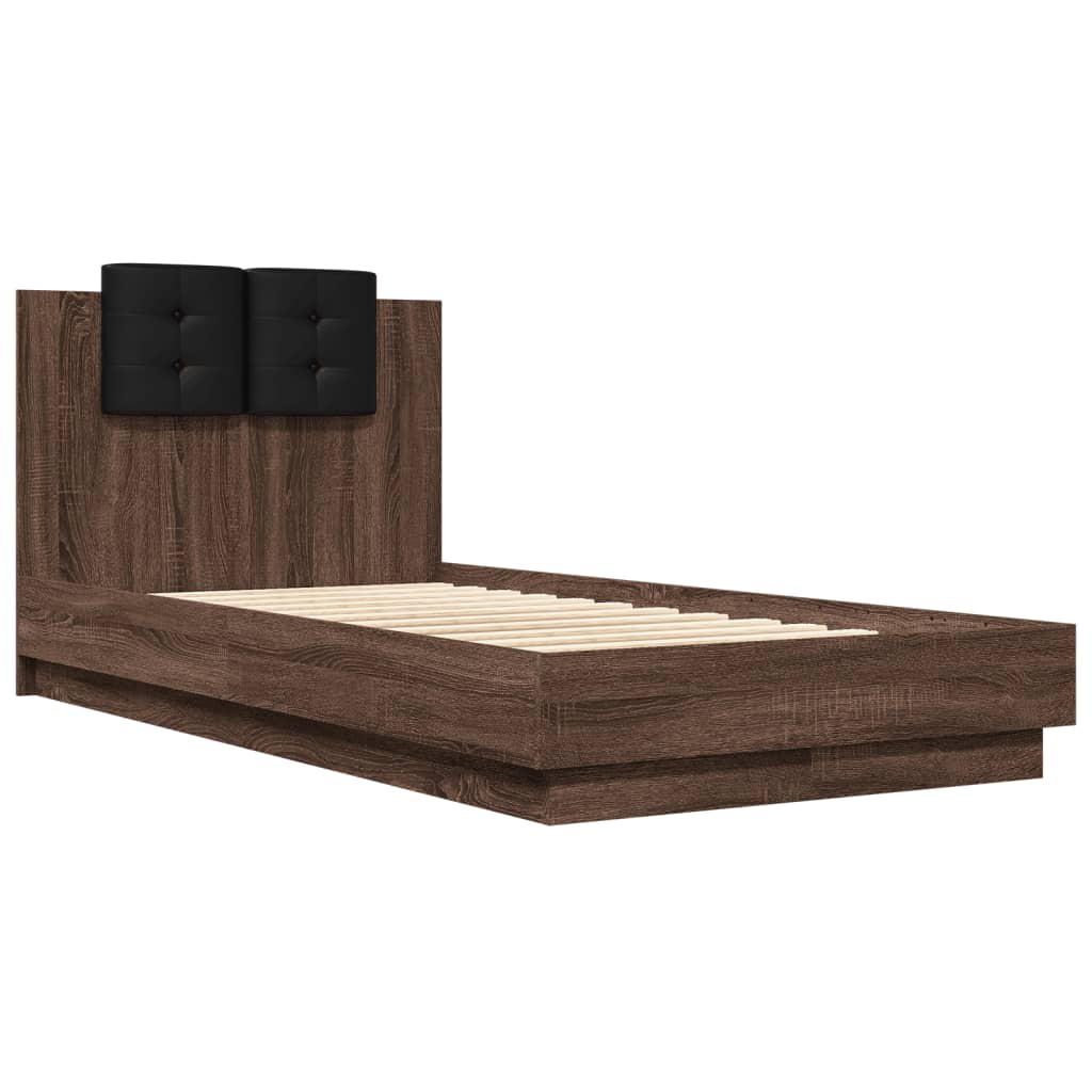 Bedframe met hoofdbord en LED bruin eikenkleur 90x190 cm is nu te koop bij PeponiXL, paradijselijk wonen!