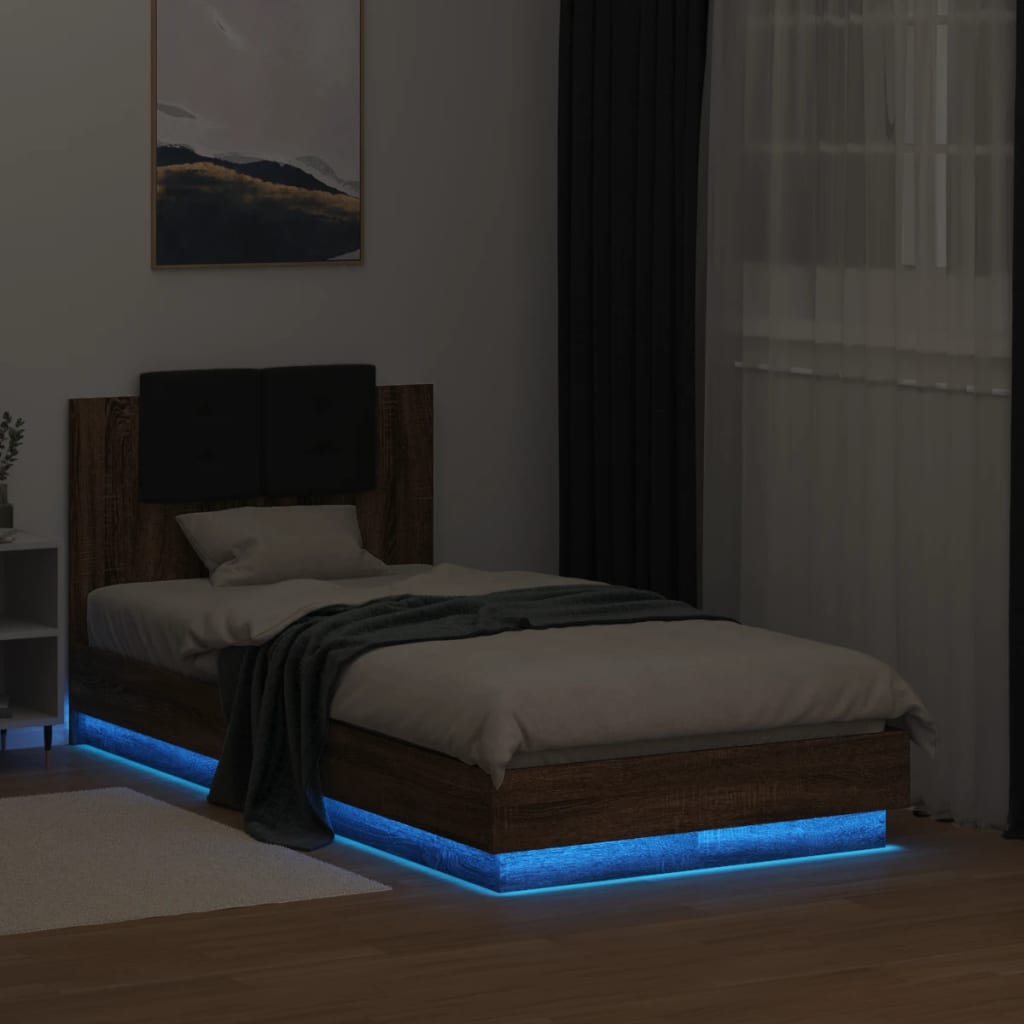 Bedframe met hoofdbord en LED bruin eikenkleur 90x190 cm is nu te koop bij PeponiXL, paradijselijk wonen!