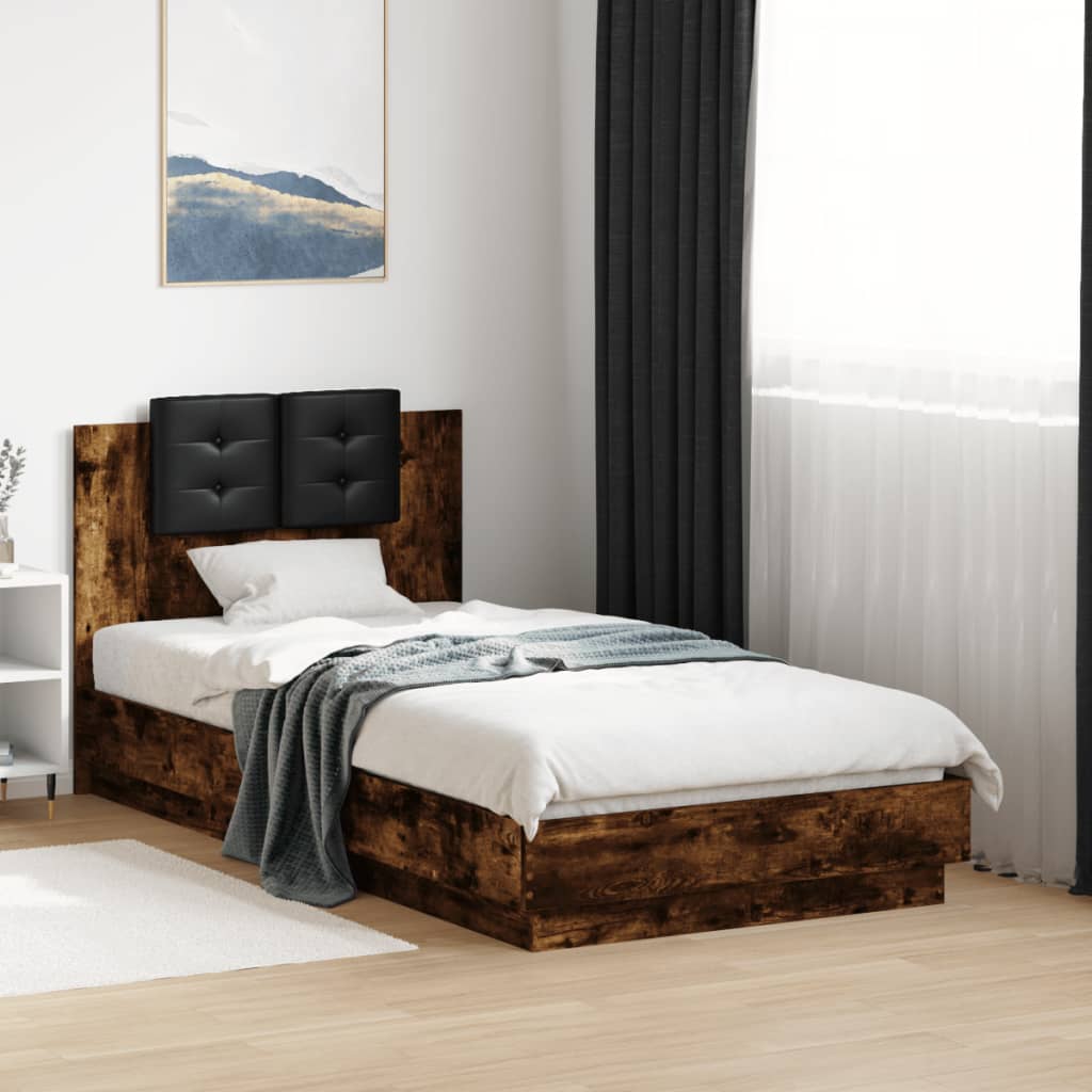 Bedframe met hoofdbord en LED gerookt eikenkleurig 75x190 cm is nu te koop bij PeponiXL, paradijselijk wonen!