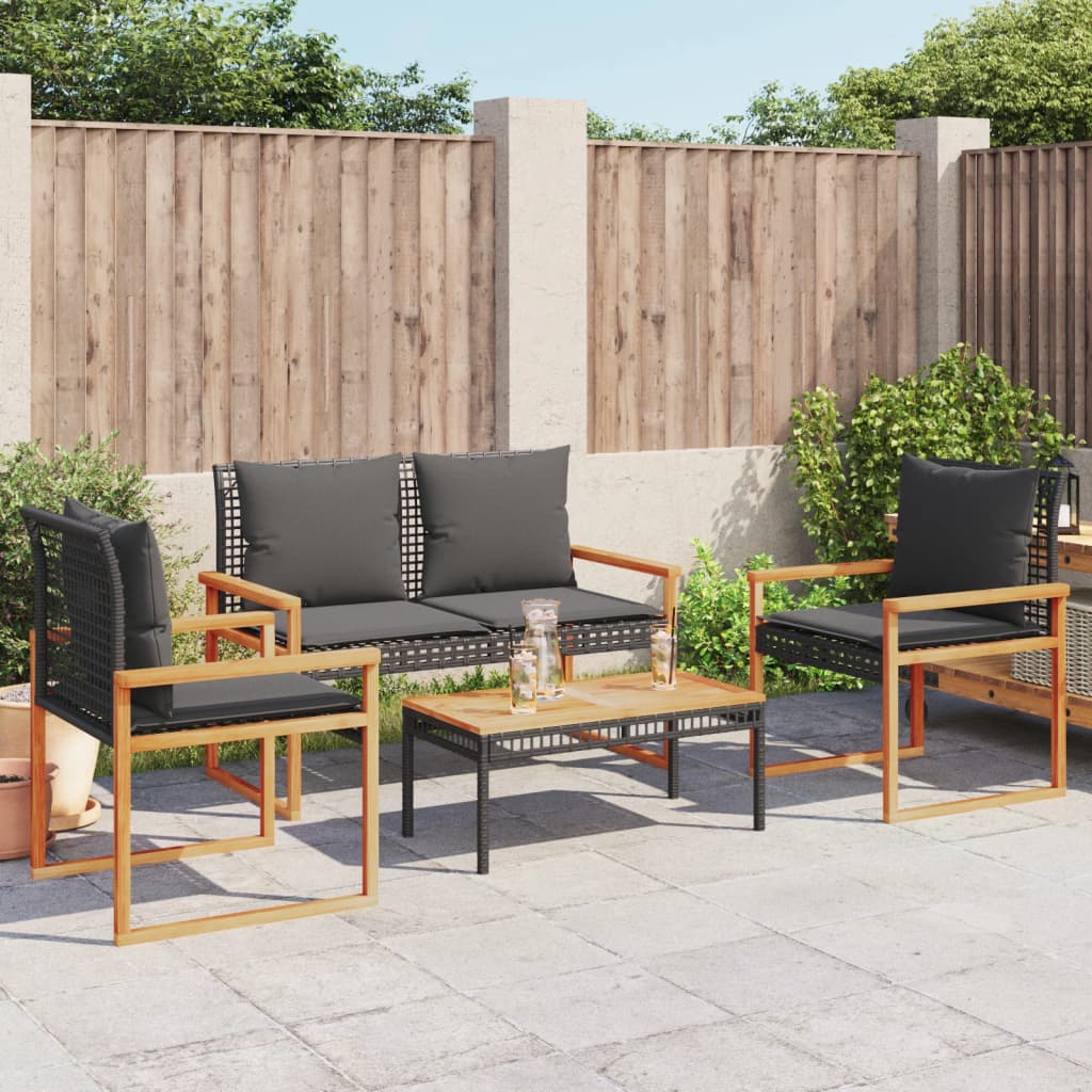 4-delige Loungeset met kussens poly rattan zwart is nu te koop bij PeponiXL, paradijselijk wonen!