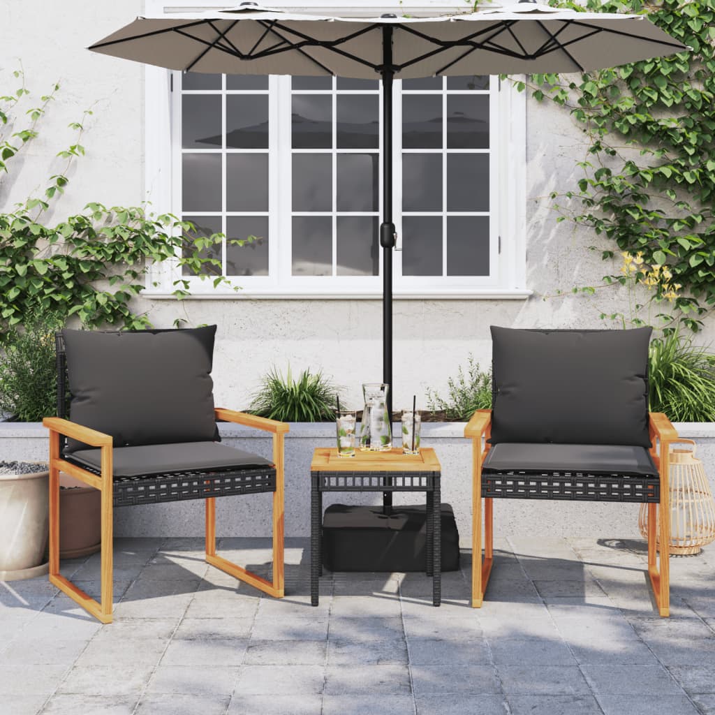 3-delige Bistroset met kussens poly rattan en acaciahout zwart is nu te koop bij PeponiXL, paradijselijk wonen!