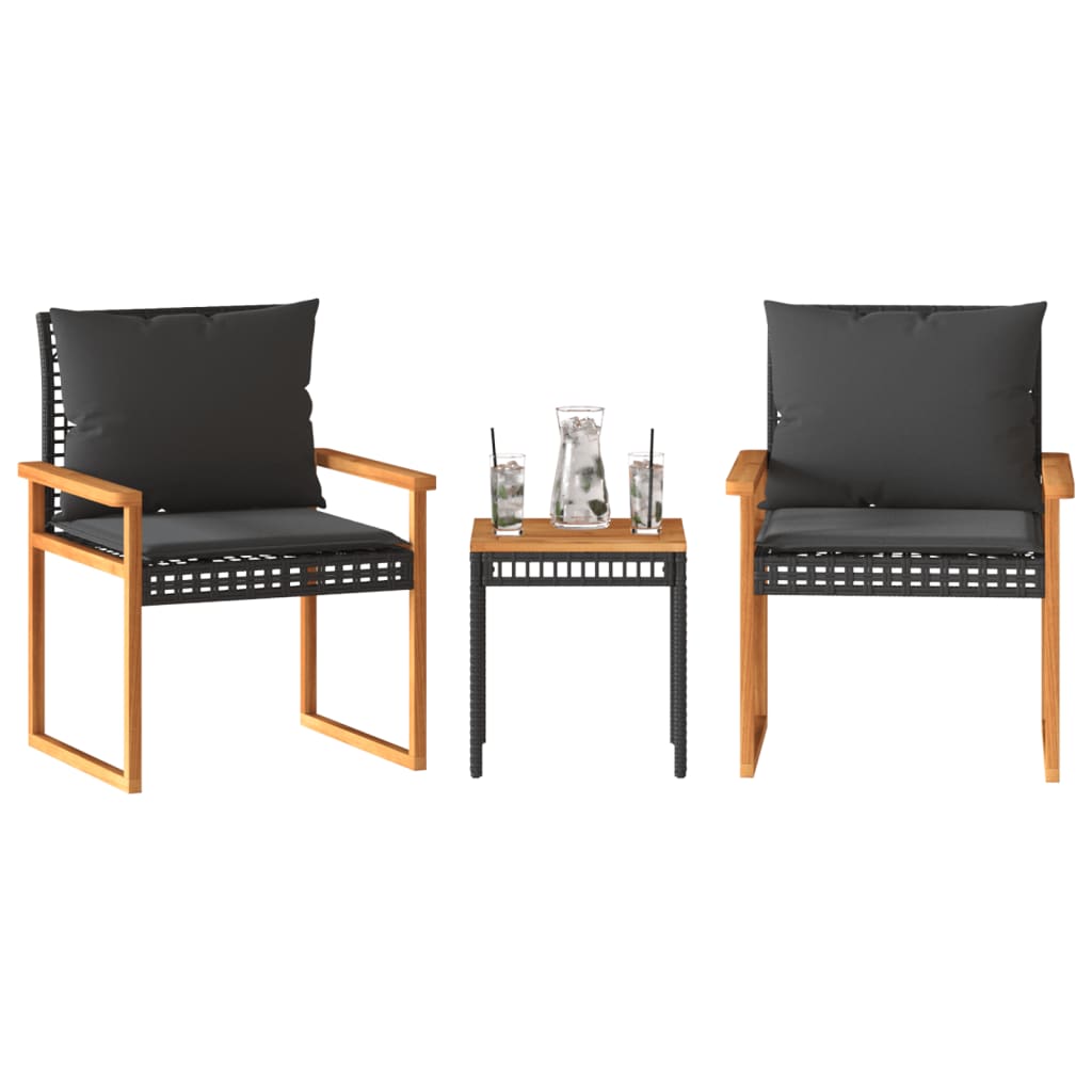 3-delige Bistroset met kussens poly rattan en acaciahout zwart is nu te koop bij PeponiXL, paradijselijk wonen!