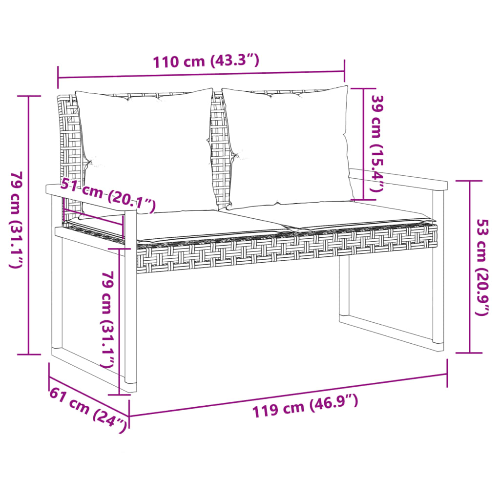Tuinbank met kussen poly rattan en acaciahout zwart is nu te koop bij PeponiXL, paradijselijk wonen!