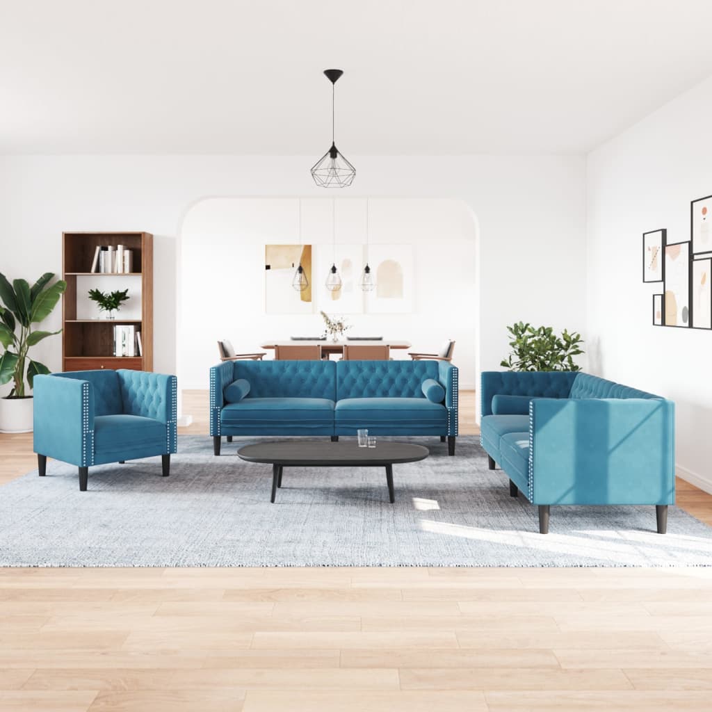 3-delige Loungeset Chesterfield met bolsters fluweel blauw is nu te koop bij PeponiXL, paradijselijk wonen!