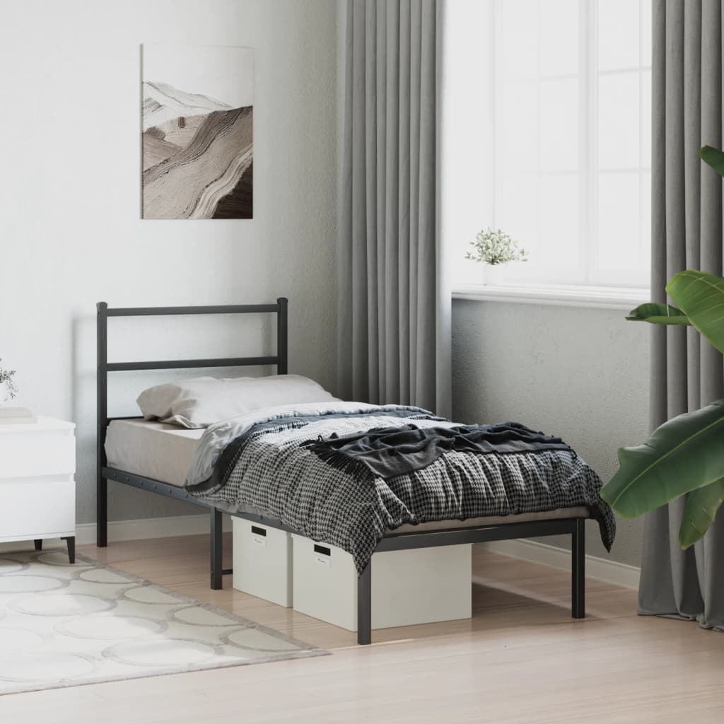Bedframe met hoofdbord metaal zwart 75x190 cm is nu te koop bij PeponiXL, paradijselijk wonen!