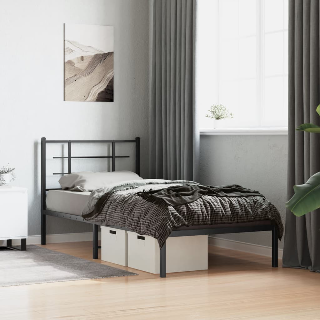 Bedframe met hoofdbord metaal zwart 90x190 cm is nu te koop bij PeponiXL, paradijselijk wonen!
