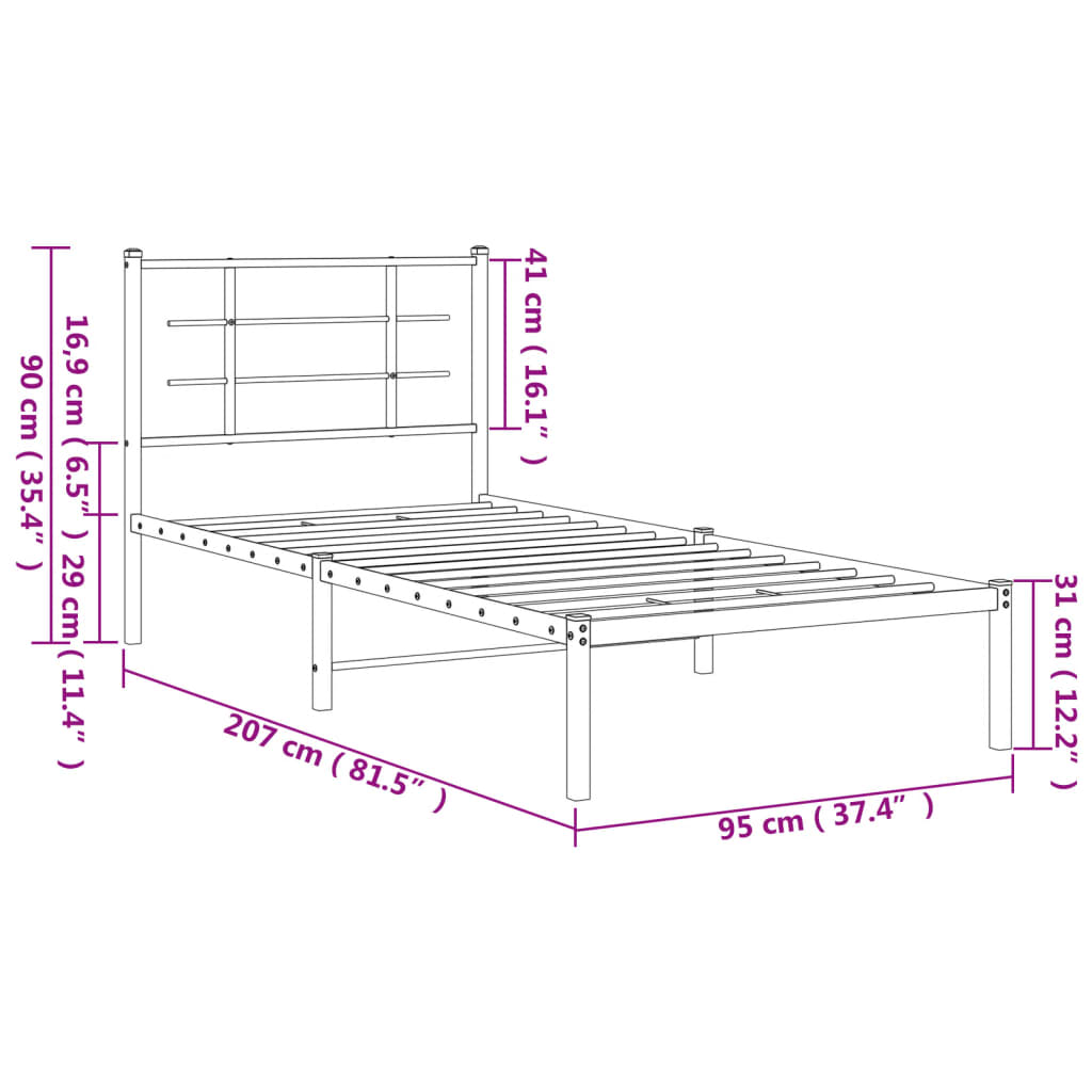 Bedframe met hoofdbord metaal zwart 90x200 cm is nu te koop bij PeponiXL, paradijselijk wonen!