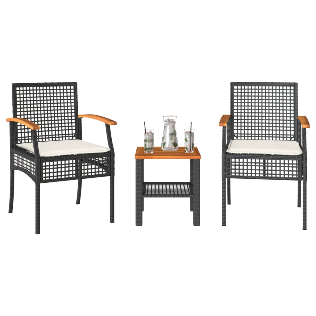 3-delige Bistroset met kussens poly rattan en acaciahout zwart is nu te koop bij PeponiXL, paradijselijk wonen!