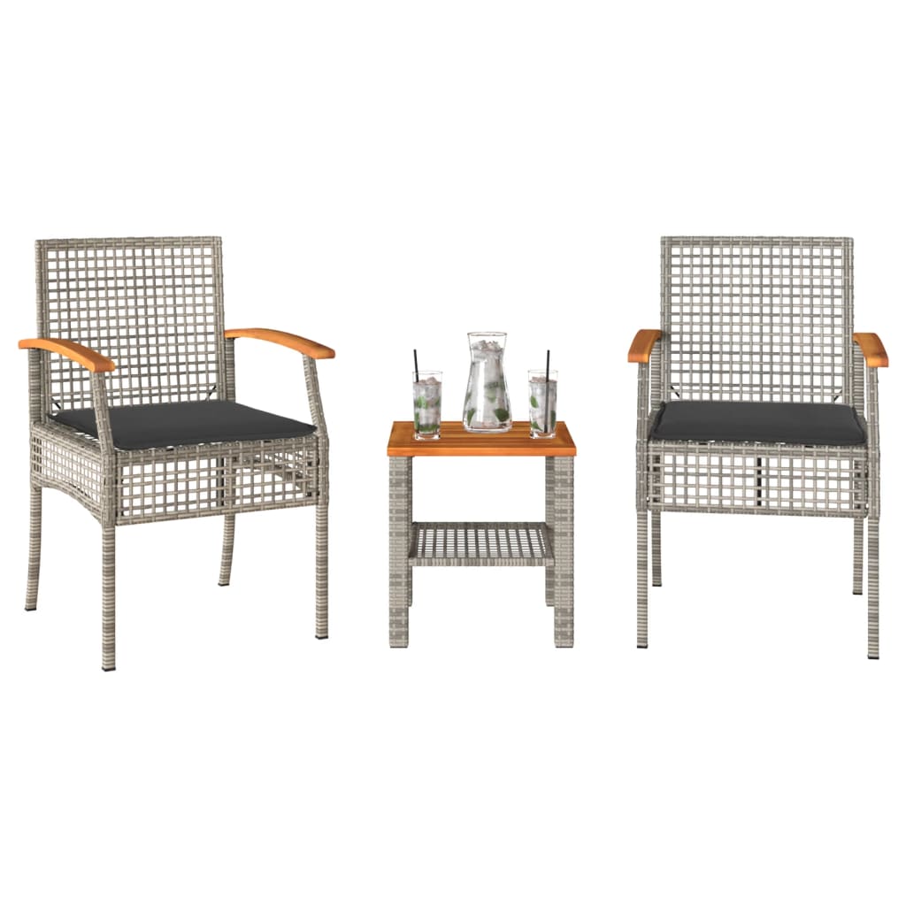 3-delige Bistroset met kussens poly rattan en acaciahout grijs is nu te koop bij PeponiXL, paradijselijk wonen!