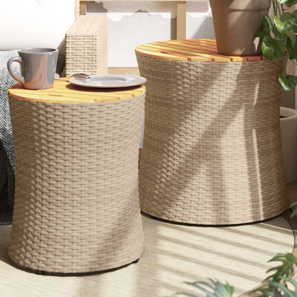 Tuinbijzettafels 2 st met houten blad poly rattan beige is nu te koop bij PeponiXL, paradijselijk wonen!