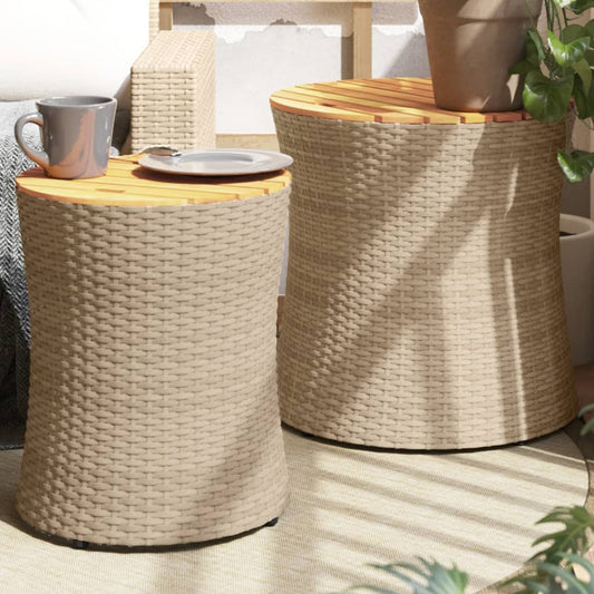 Tuinbijzettafels 2 st met houten blad poly rattan beige is nu te koop bij PeponiXL, paradijselijk wonen!
