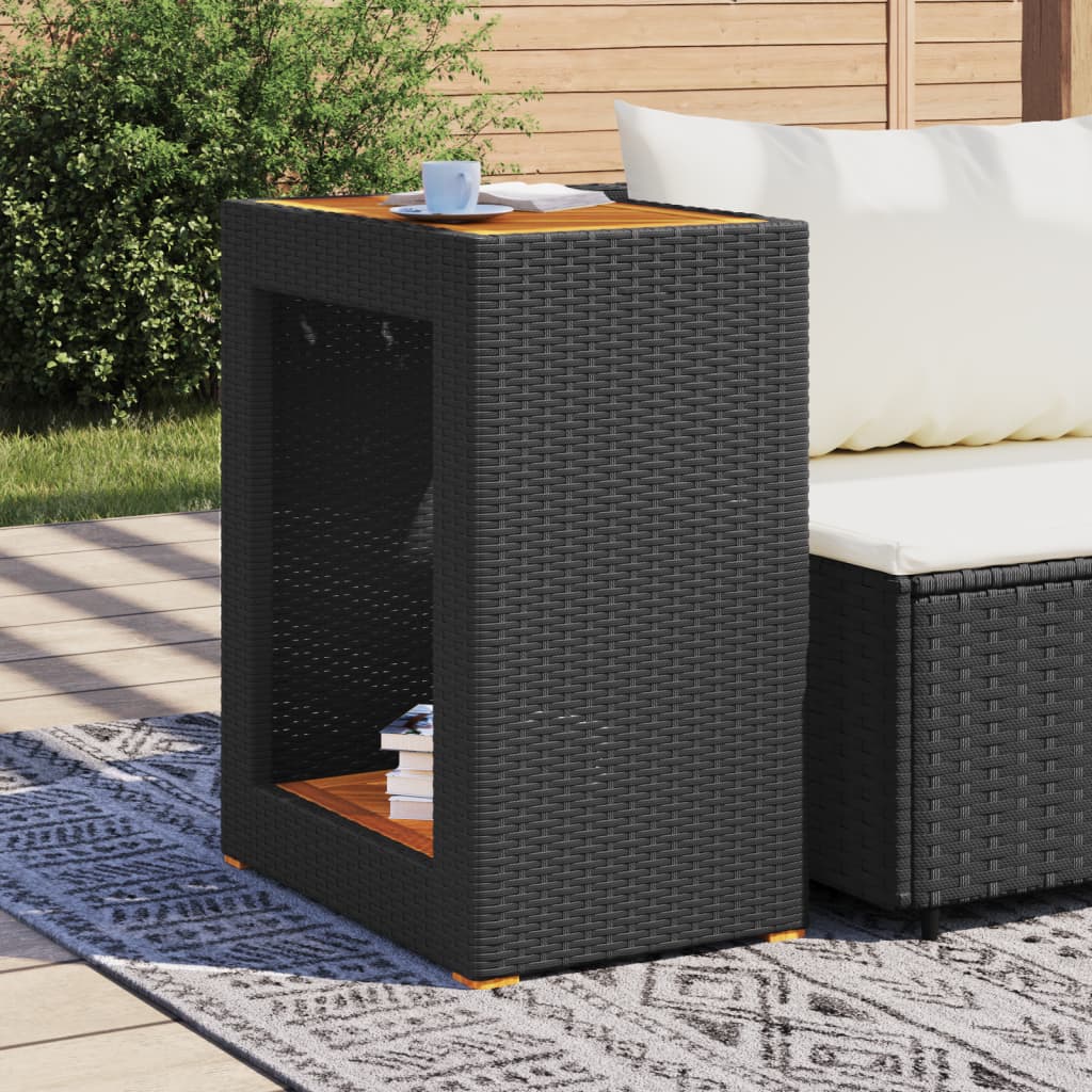 Tuinbijzettafel met houten blad 60x40x75 cm poly rattan zwart is nu te koop bij PeponiXL, paradijselijk wonen!