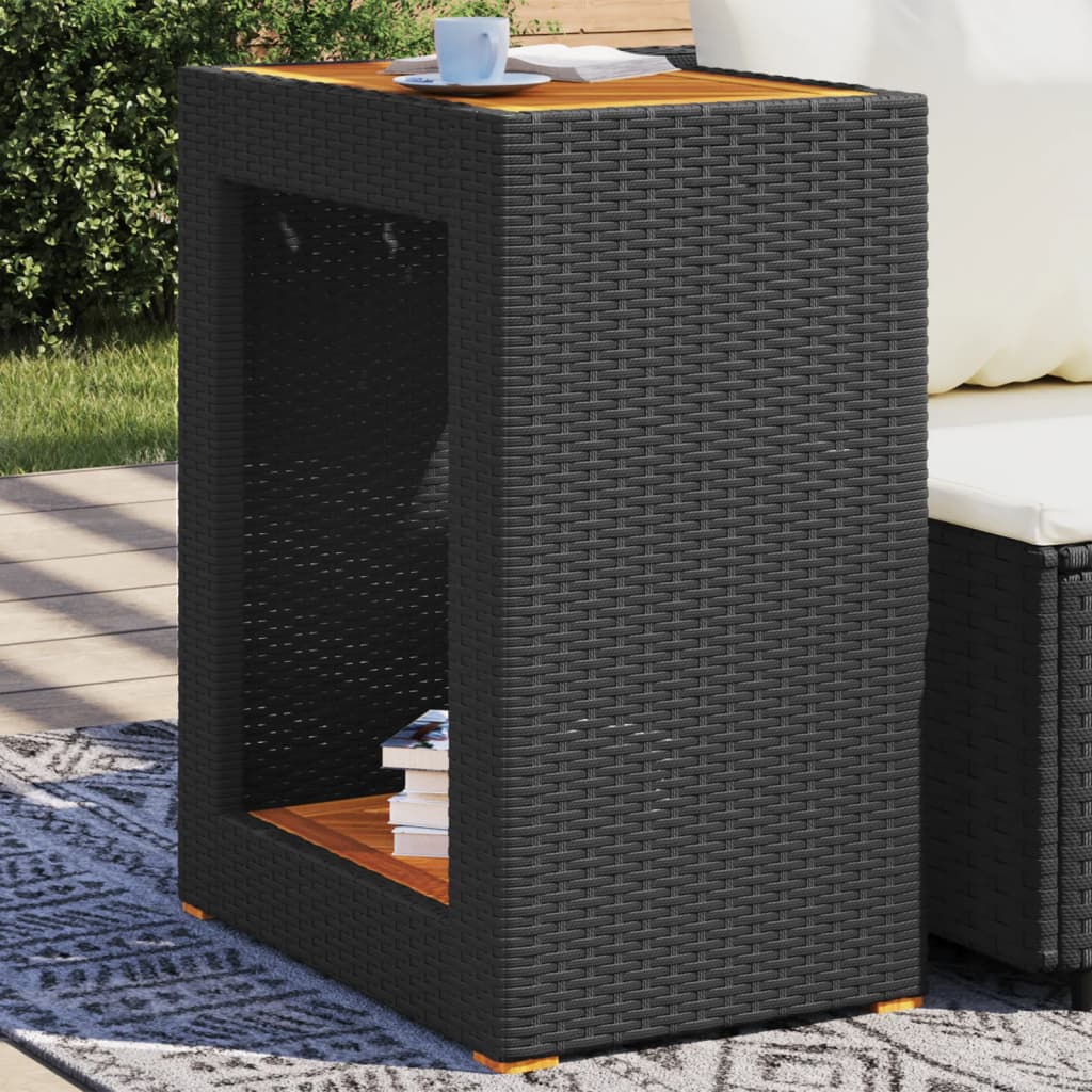 Tuinbijzettafel met houten blad 60x40x75 cm poly rattan zwart is nu te koop bij PeponiXL, paradijselijk wonen!