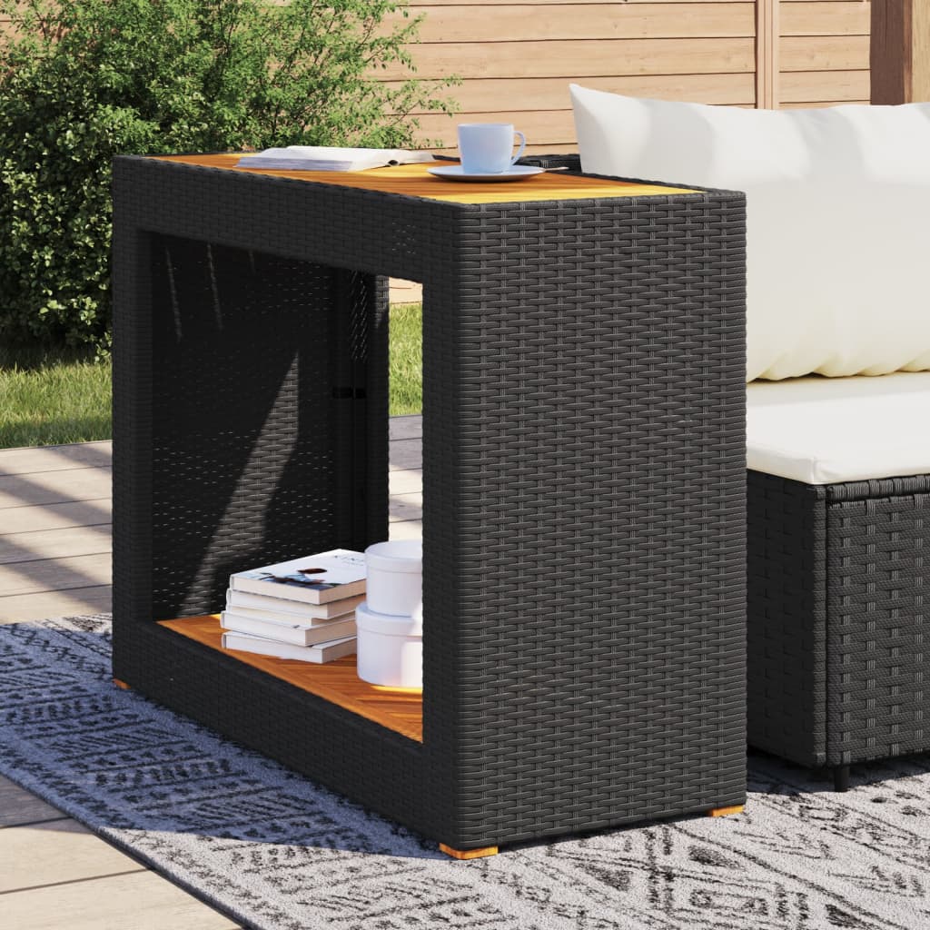 Tuinbijzettafel met houten blad 100x40x75 cm poly rattan zwart is nu te koop bij PeponiXL, paradijselijk wonen!